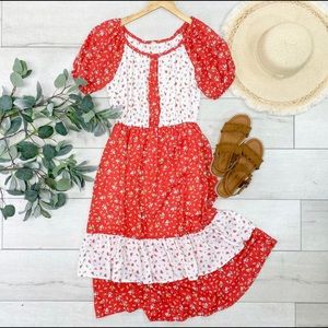 Floral Contrast Ruffle Tiered Midi Dress